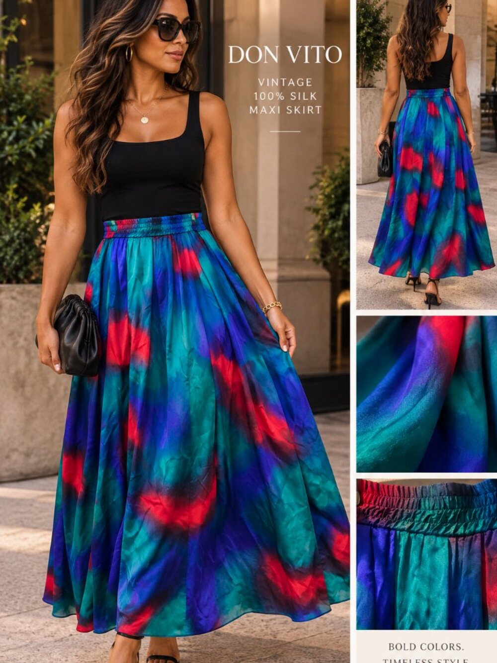 Vintage Don Vito 100% Silk Jewel Tone Maxi Skirt Elastic Waist M